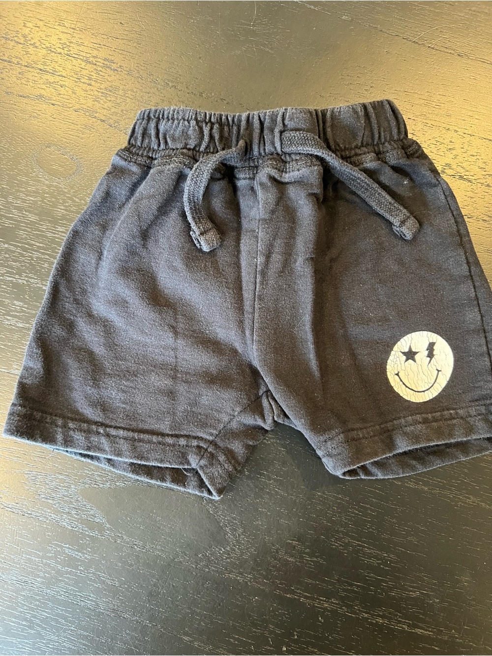 Kids Black Cotton Drawstring Shorts with Smiley Face Accent